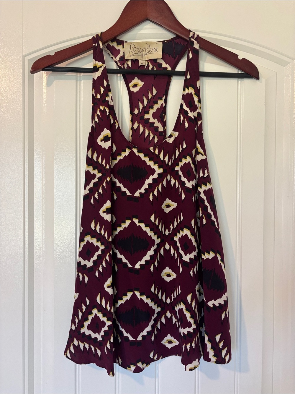 Rory Beca Burgundy and Cream Geometric Racerback Silk Top Size M